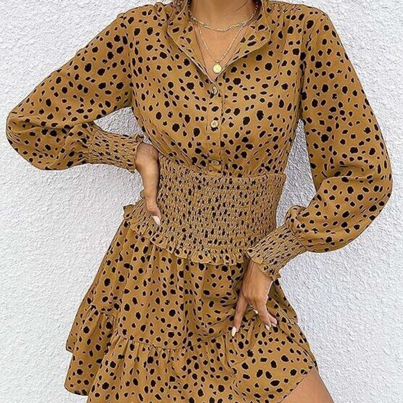 PrettyGarden Dresses & Skirts - PRETTYGARDEN Leopard Print Mini Short Boho Button Ruffle Stretch Shirt Dress XL
